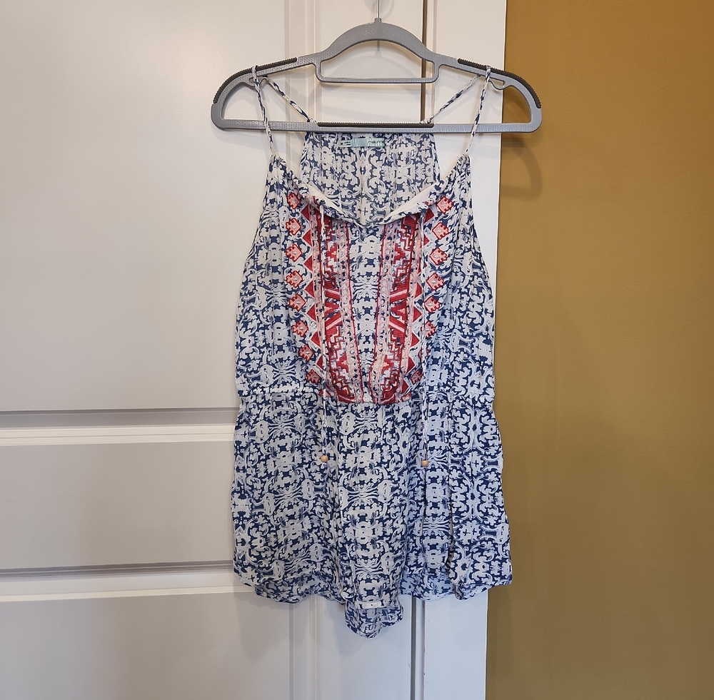Maurices Blue and White Printed Cinch-waist Top